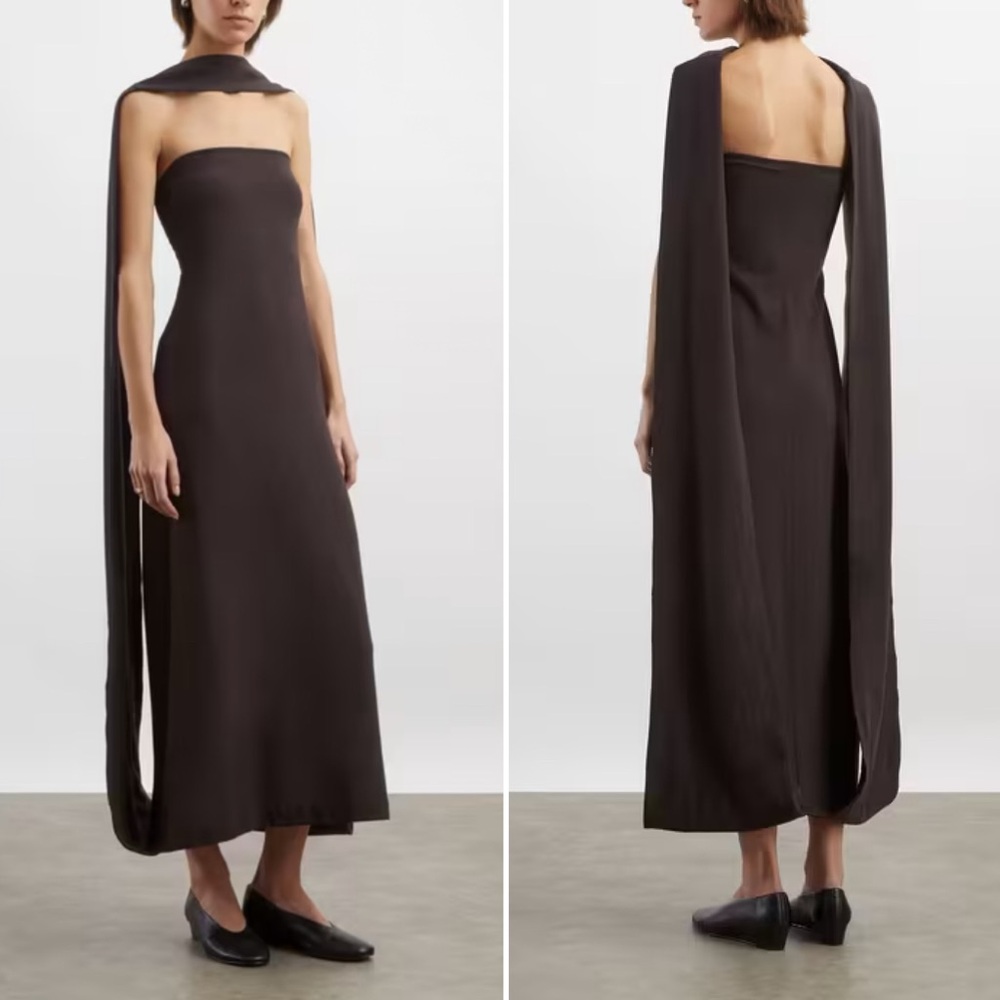 Paloma Wool Alberch Strapless Wool Blend Chocolate Brown Dress w/ Attached Scarf - Picture 2 of 12